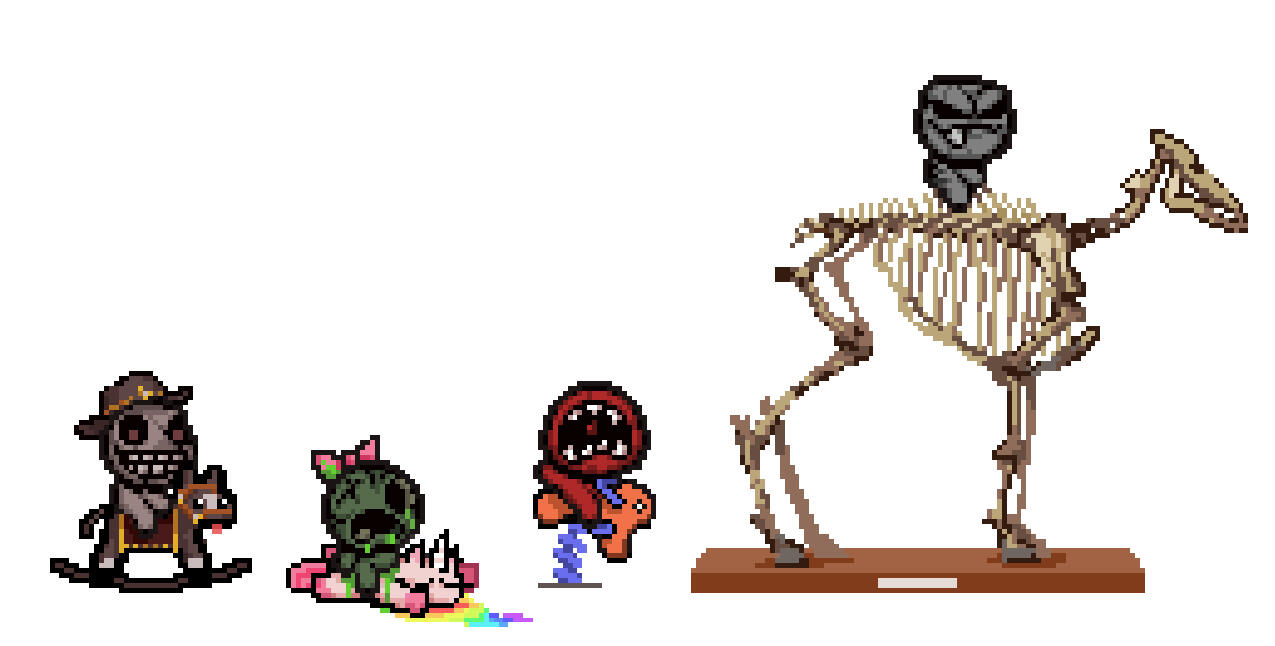 Turns out I made every possible rookie pixel-art mistake on this one. Thankfully the little harbingers' original sprites were cute enough that my wiggly drawn horses were slightly less noticable.